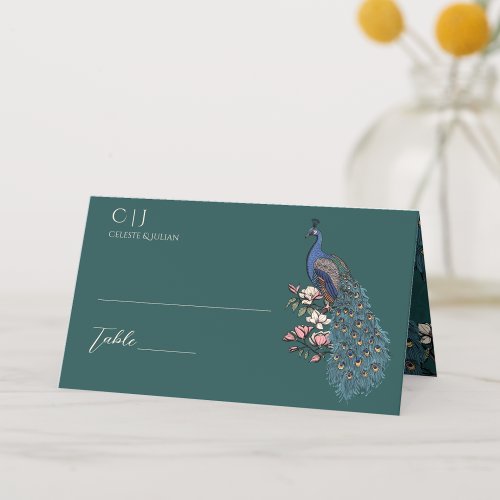 Rustic Teal Floral Peacock Wedding Place Card