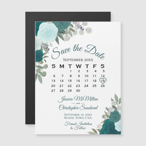 Rustic Teal Floral Save the Date Calendar Magnet