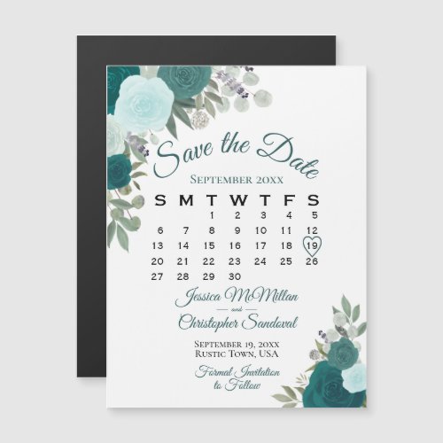 Rustic Teal Floral Wedding Save the Date Calendar Magnetic Invitation