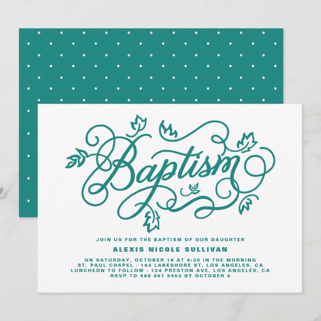 Rustic Teal Foliage Lettering Baptism Invitation (Front/Back)