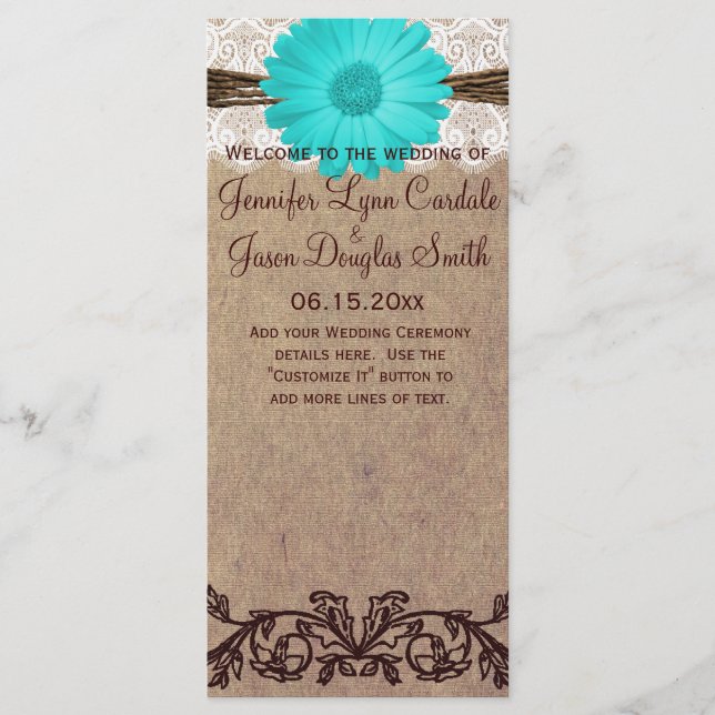 Rustic Teal Gerber Daisy Country Wedding Program (Front)