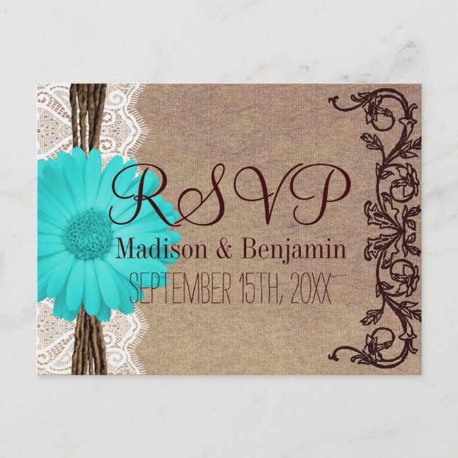 Rustic Teal Gerber Daisy Lace RSVP POSTCARDS (Front)