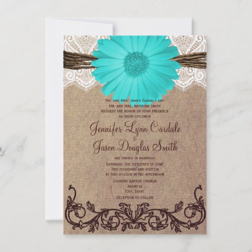 Rustic Teal Gerber Daisy Lace Wedding Invitation