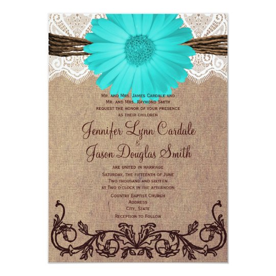 Rustic Teal Gerber Daisy Lace Wedding Invitation Zazzle Rustic Teal Gerber Daisy Lace Wedding Invitation