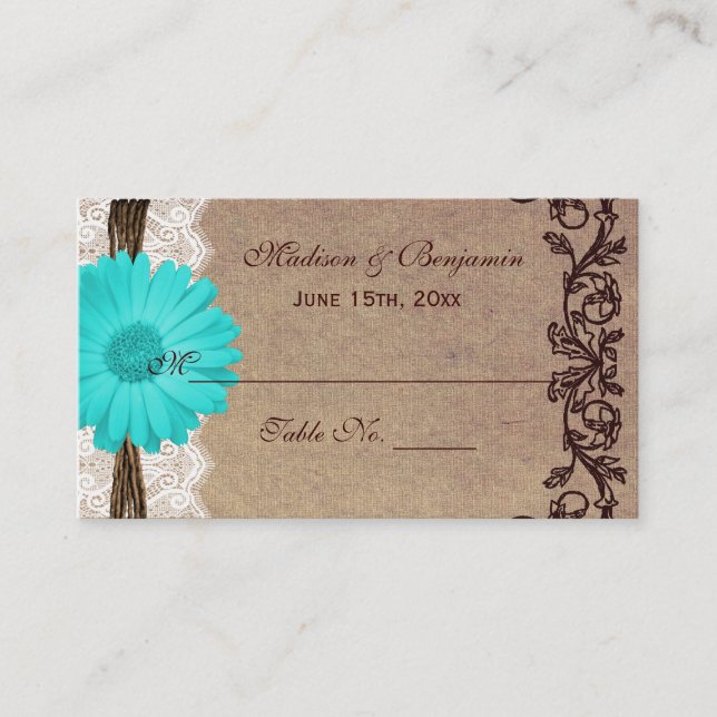 Rustic Teal Gerber Daisy Wedding Place Cards (Front)