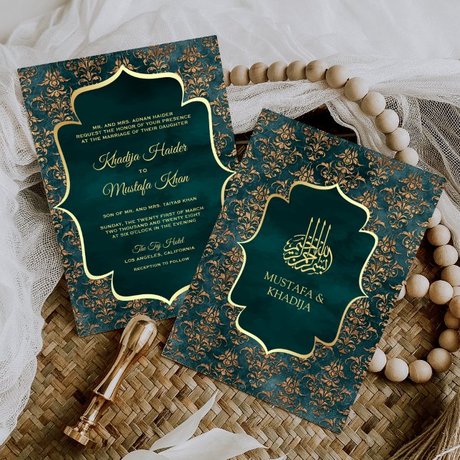 Rustic Teal Gold Damask Muslim Wedding Invitation (Creator Uploaded)