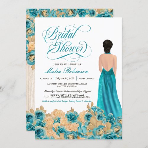 Rustic Teal Gold Rose  Elegant Gown Bridal Shower Invitation