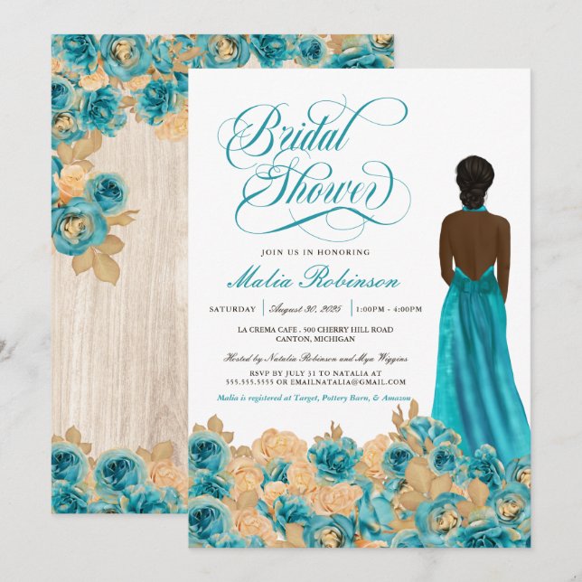 Rustic Teal Gold Rose & Elegant Gown Bridal Shower Invitation (Front/Back)