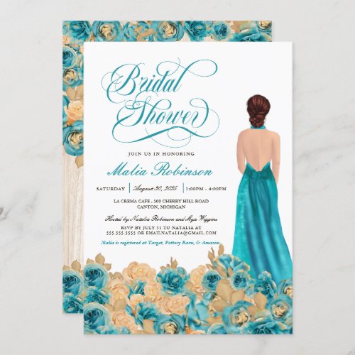Rustic Teal Gold Rose  Elegant Gown Bridal Shower Invitation