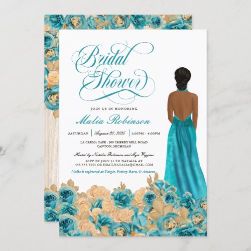 Rustic Teal Gold Rose  Elegant Gown Bridal Shower Invitation