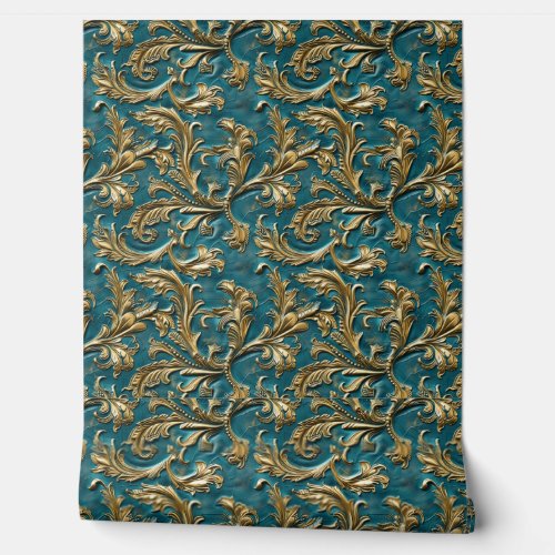 Rustic teal gold tooled leather  wallpaper 