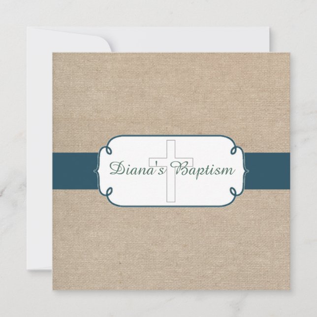Rustic Teal Green Beige Burlap Baptism Invitation (Front)