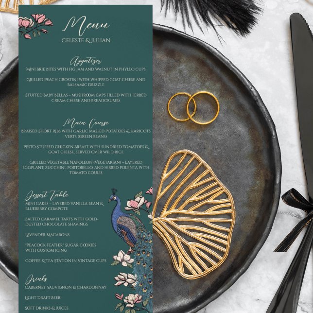 Rustic Teal Green Floral Peacock Bird Wedding Menu (Rustic Teal Green Peacock Chinoiserie Wedding Menu for Wedding, Bridal Shower, Rehearsal Dinner.)