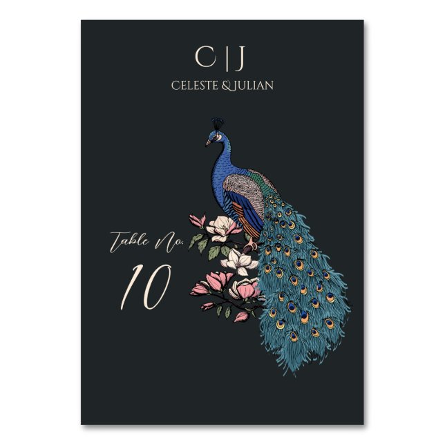 Rustic Teal Green Peacock Wedding Table Number (Front)