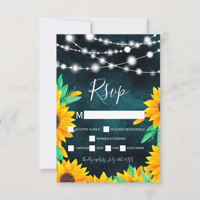Rustic teal green string lights sunflowers rsvp (Front)