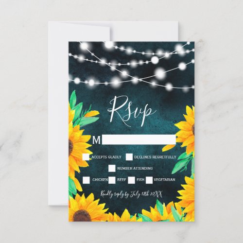 Rustic teal green string lights sunflowers rsvp