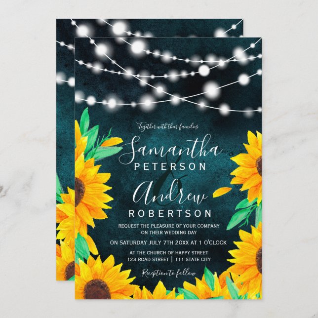 Rustic teal green string lights sunflowers wedding invitation (Front/Back)
