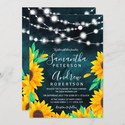 Rustic teal green string lights sunflowers wedding invitation