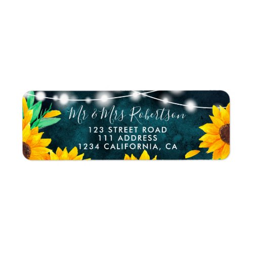Rustic teal green string lights sunflowers wedding label
