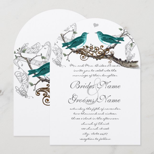 Rustic Teal Green Vintage Lovebirds Wedding Invitation (Front/Back)