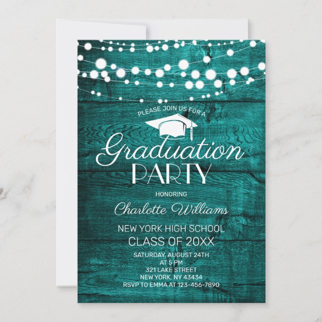 Rustic Teal Green Wood Graduation Party Invitation (Front)