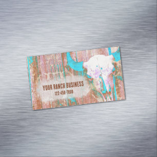 Rustic Teal Grunge Texture Western Bull Skull Business Card Magnet
