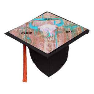 Rustic Teal Grunge Texture Western Bull Skull Graduation Cap Topper
