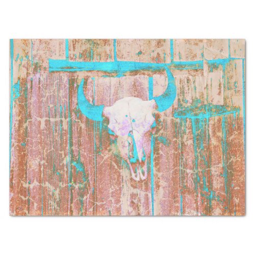Rustic Teal Grunge Texture Western Bull Skull Tissue Paper