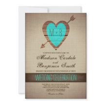Rustic Teal Heart Arrow Country Wedding Invites