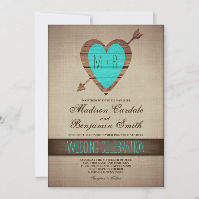 Rustic Teal Heart Arrow Country Wedding Invites (Front)