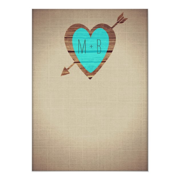 Rustic Teal Heart Arrow Country Wedding Invites