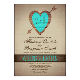 Rustic Teal Heart Arrow Country Wedding Invites