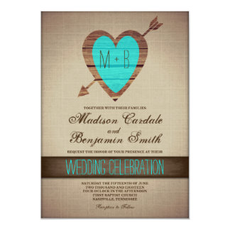 Rustic Teal Heart Arrow Country Wedding Invites