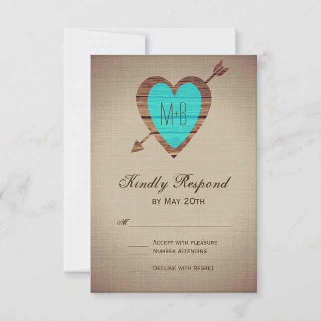 Rustic Teal Heart Arrow Wedding RSVP Cards (Front)