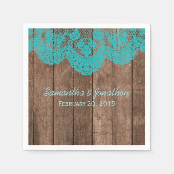 Rustic Teal Lace And Wood Wedding Napkins by prettypicture at Zazzle