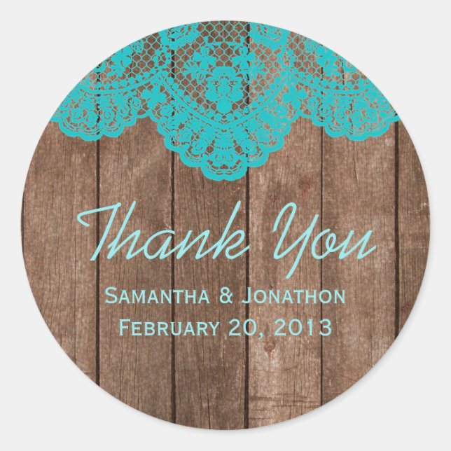 Rustic Teal Lace and Wood Wedding Thank You Classic Round Sticker (Front)