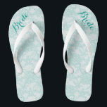 Rustic Teal Lace Bride Flip Flops<br><div class="desc">These flip flops feature a background of teal lace and darker teal customizable text at the top toe area that reads: Bride.</div>