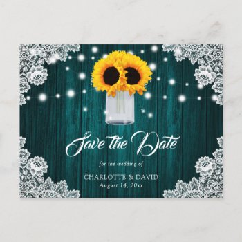 Rustic Teal Lace Sunflower Save The Date Announcement Postcard by DanielCapPhotography at Zazzle