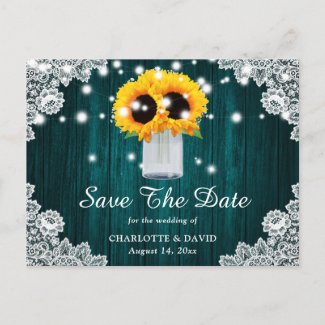 Rustic Teal Lace Sunflower Save The Date