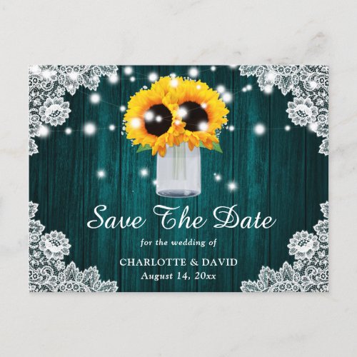 Rustic Teal Lace Sunflower Save The Date Announcement Postcard