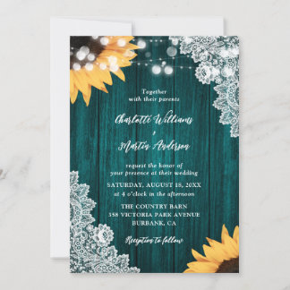 Rustic Teal Lace Sunflower Wedding Invitations