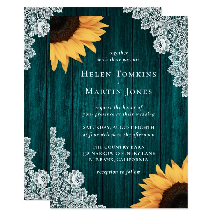 Rustic Teal Lace Sunflower Wedding Invitations