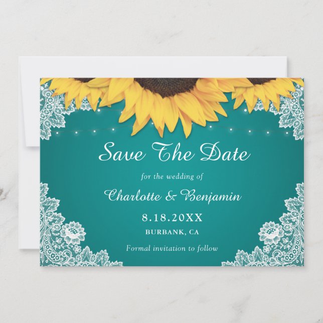 Rustic Teal Lace Sunflower Wedding Save The Date (Front)