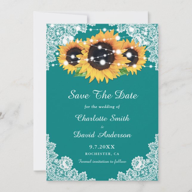 Rustic Teal Lace Sunflower Wedding Save The Date (Front)