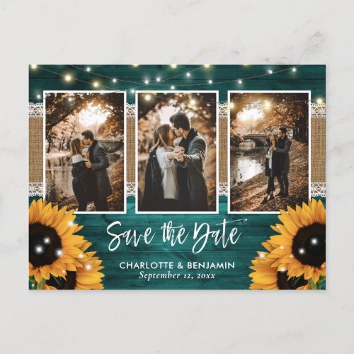 Rustic Teal Lights Sunflower 3 Photo Save The Date Announcement Postcard