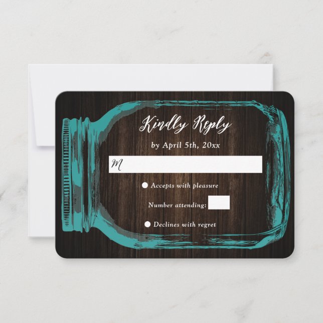 Rustic Teal Mason Jar Fall Wedding RSVP Card (Front)