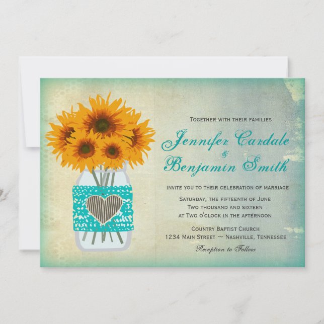 Rustic Teal Mason Jar Sunflower Wedding Invites (Front)