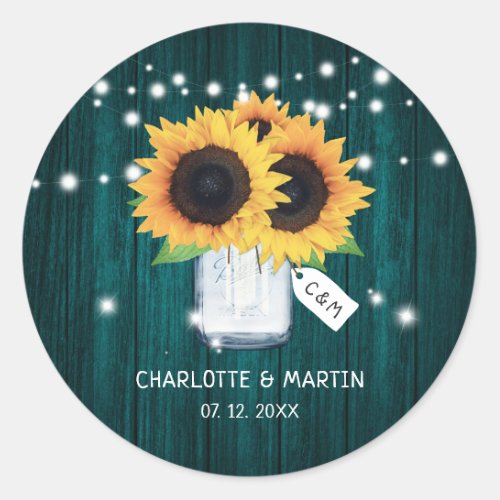 Rustic Teal Mason Jar Sunflower Wedding Stickers