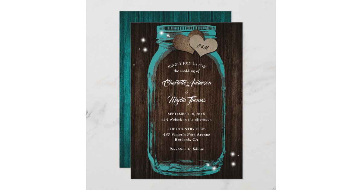 Rustic Teal Mason Jar Wedding Invitations