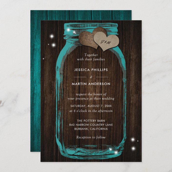 Rustic Teal Mason Jar Wedding Invitations